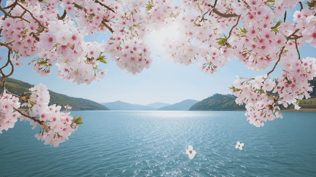 Cherry blossoms over a serene lake