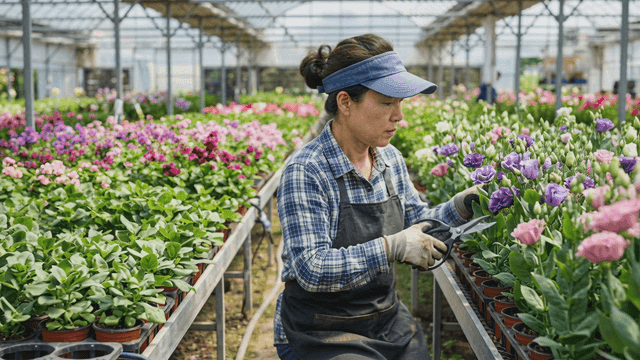 Woman tending to flowers in greenhouse