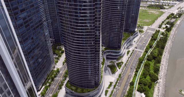 Modern skyscrapers and surrounding roads