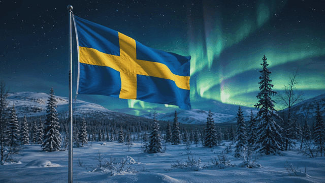 Swedish flag waving under the northern lights