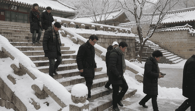 People descending snow-covered temple steps