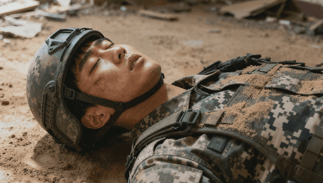 땅바닥에 쓰러져 있는 군인