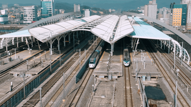 Modern train station with high-speed trains