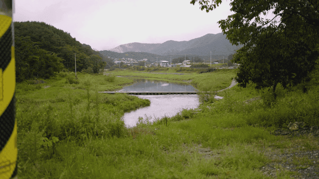 Peaceful river flowing through village