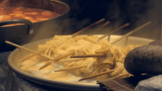 Korean street food with fish cakes and tteokbokki