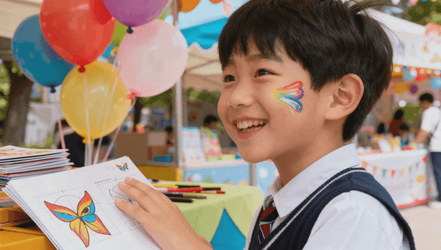 축제에서 나비 문양 페이스 페인팅을 한 남자 아이