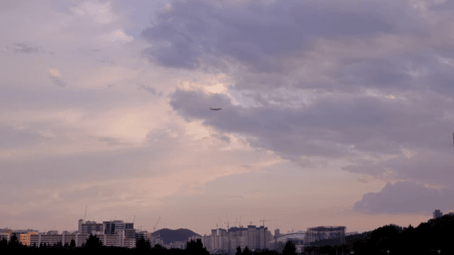 다채로운 저녁 하늘 비행기와 도시 스카이라인