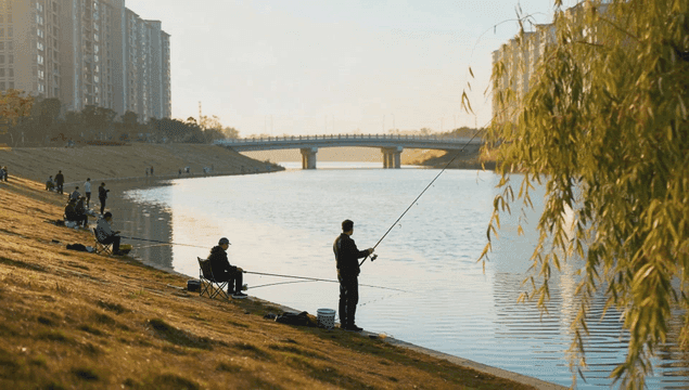 People fishing along urban riverside