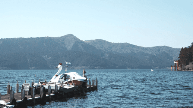 Duck boats floating on pier on river