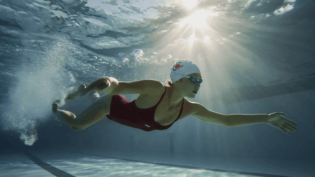 Woman swimming in sunlit swimming pool