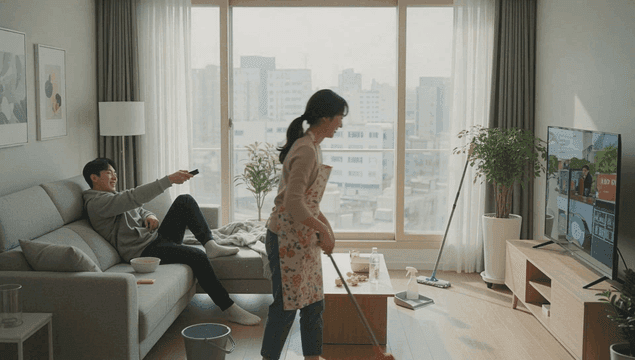 거실에서 티비를 보는 남편과 청소하는 아내