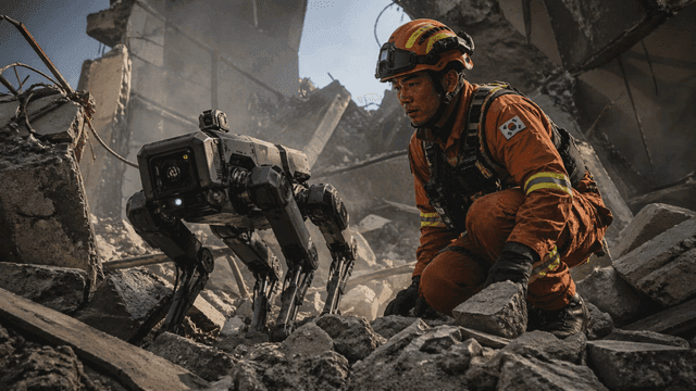 Robots and rescue workers in rubble of collapsed building