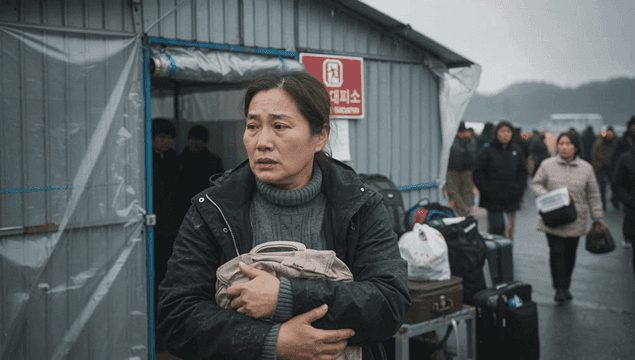 비상 대피소를 가방을 안고 울며 떠나는 중년 여성