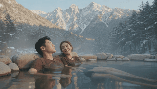 눈 덮인 산과 온천에서 휴식을 취하는 커플