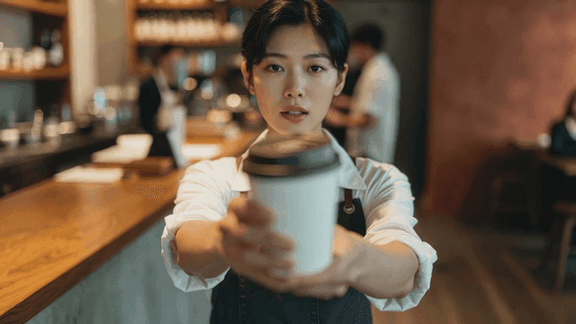 Barista handing over hot coffee