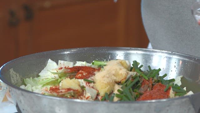 Fresh kimchi made with fresh cabbage, various vegetables, and red pepper powder