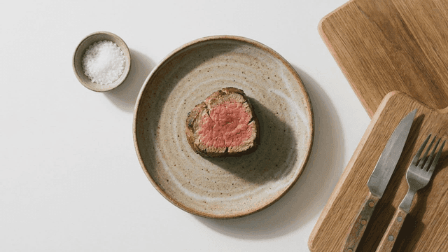 Piece of steak on ceramic plate