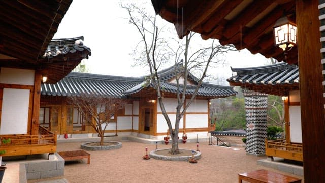 Peaceful traditional countyards of Hanok on a rainy day