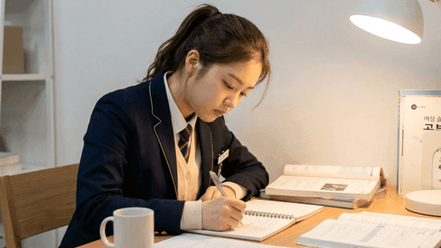 Female student studying and writing in notebook on desk