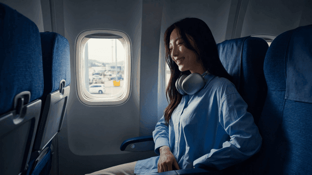 Woman fastening her seatbelt on airplane