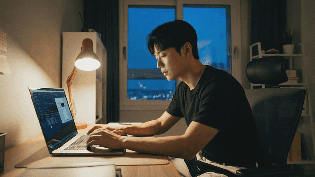 Man coding on laptop at night