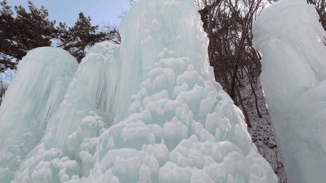 Frozen ice pillars in winter forest