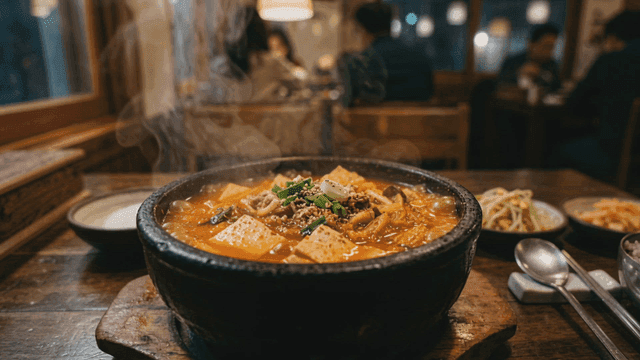 Kimchi stew simmering in cozy restaurant