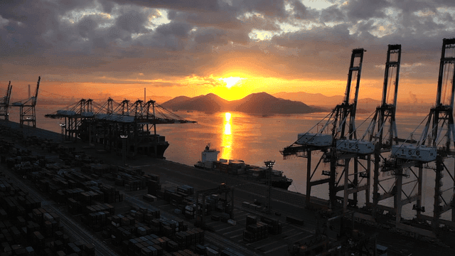 Sunset at full harbor with cranes