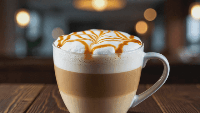 나무 테이블 위의 카라멜 마키아토 한 잔