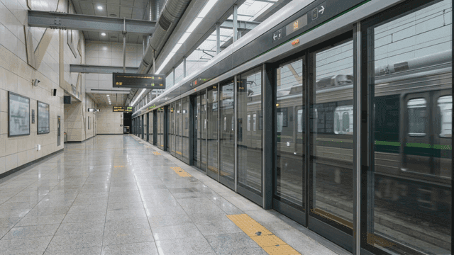 Empty subway station with train