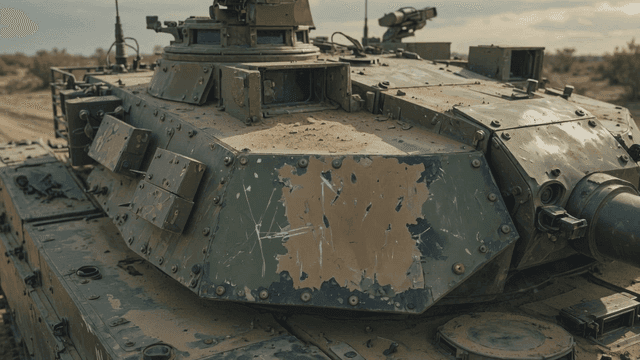 Military tank in desert landscape.