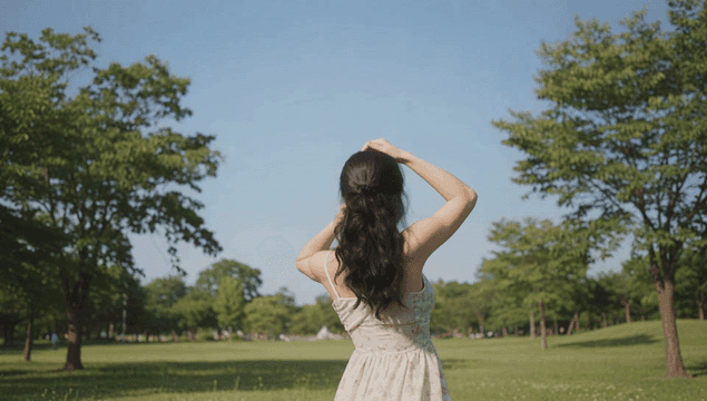 공원에서 햇살을 즐기는 젊은 여성