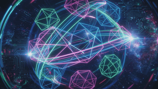 Colorful geometric shapes in a digital space