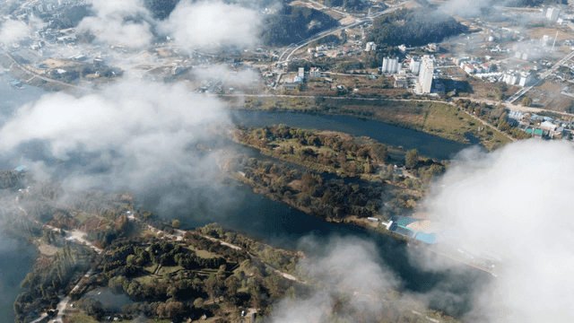 Aerial view of river and island landscape