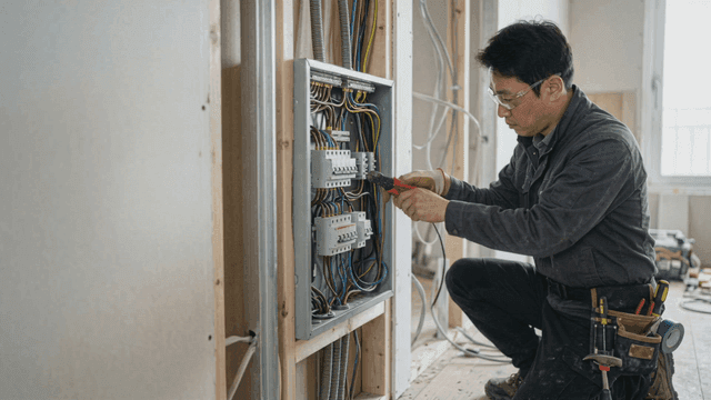 Electrician working on a circuit panel