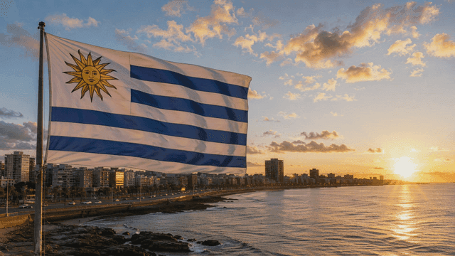 Uruguayan flag and city skyline at sunset