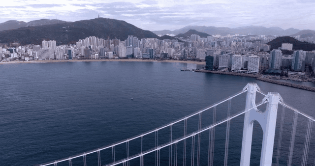 A bridge overlooking a coastal cityscape