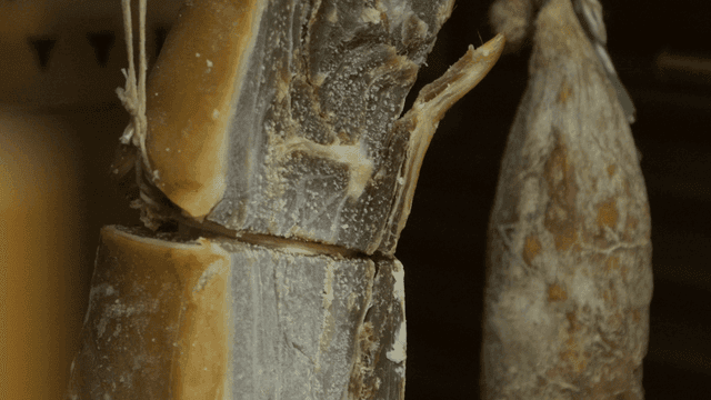 Dried ham hanging in pantry