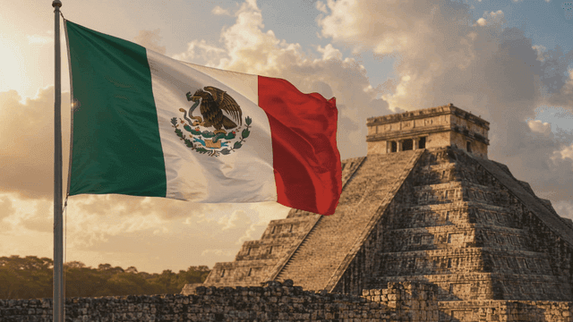 Mexican flag waving near ancient pyramid