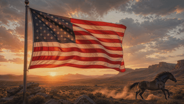 American flag waving at sunset with a horse