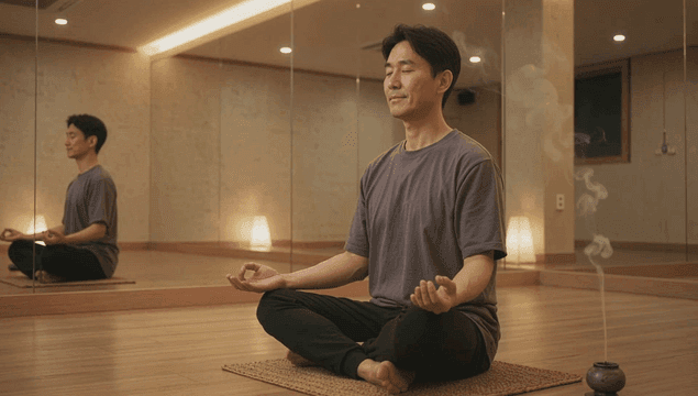Meditating in a serene yoga studio by a middle-aged man