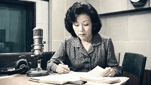 Radio DJ taking notes in 70s recording studio