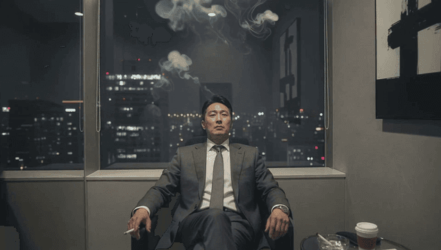 밤에 흡연실에서 담배 연기를 뿜으며 미소짓는 회사원