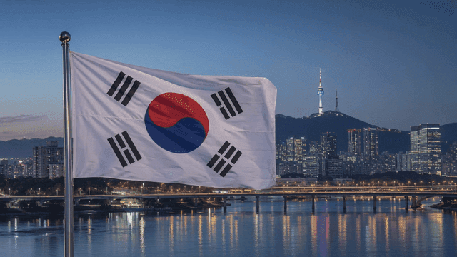 Korean flag waving with city skyline