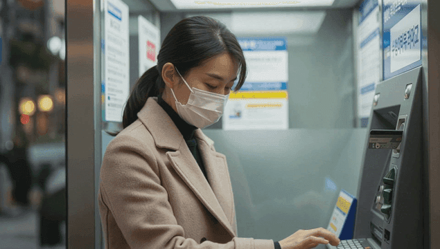 ATM을 사용하는 마스크 낀 여성