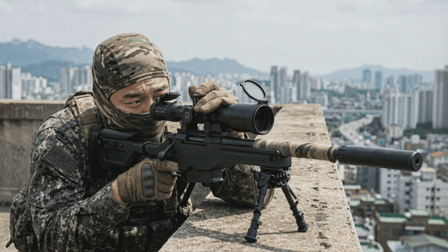 Soldiers shooting sniper rifles from downtown rooftops