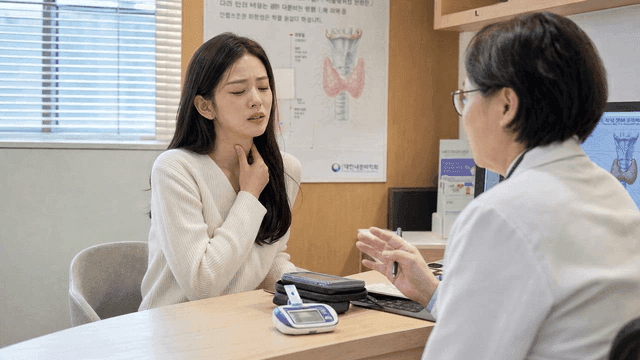 Female thyroid patient is consulting with doctor at hospital.