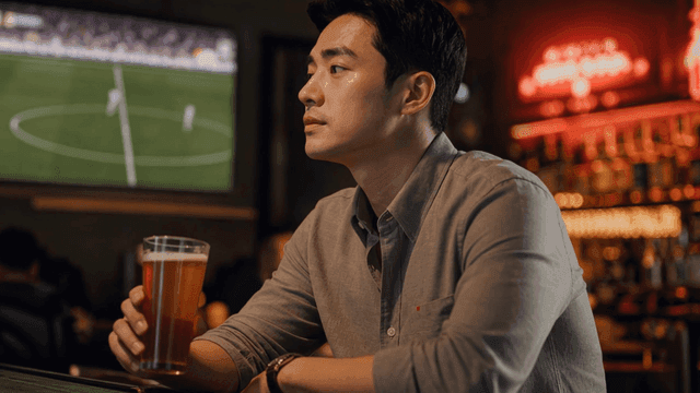 Man holding beer glass alone at bar with soccer screen