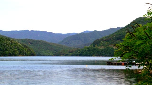 Peaceful lake scene surrounded by lush green mountains