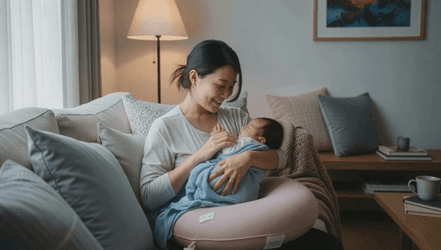 거실에서 아기를 사랑스럽게 안고 있는 엄마